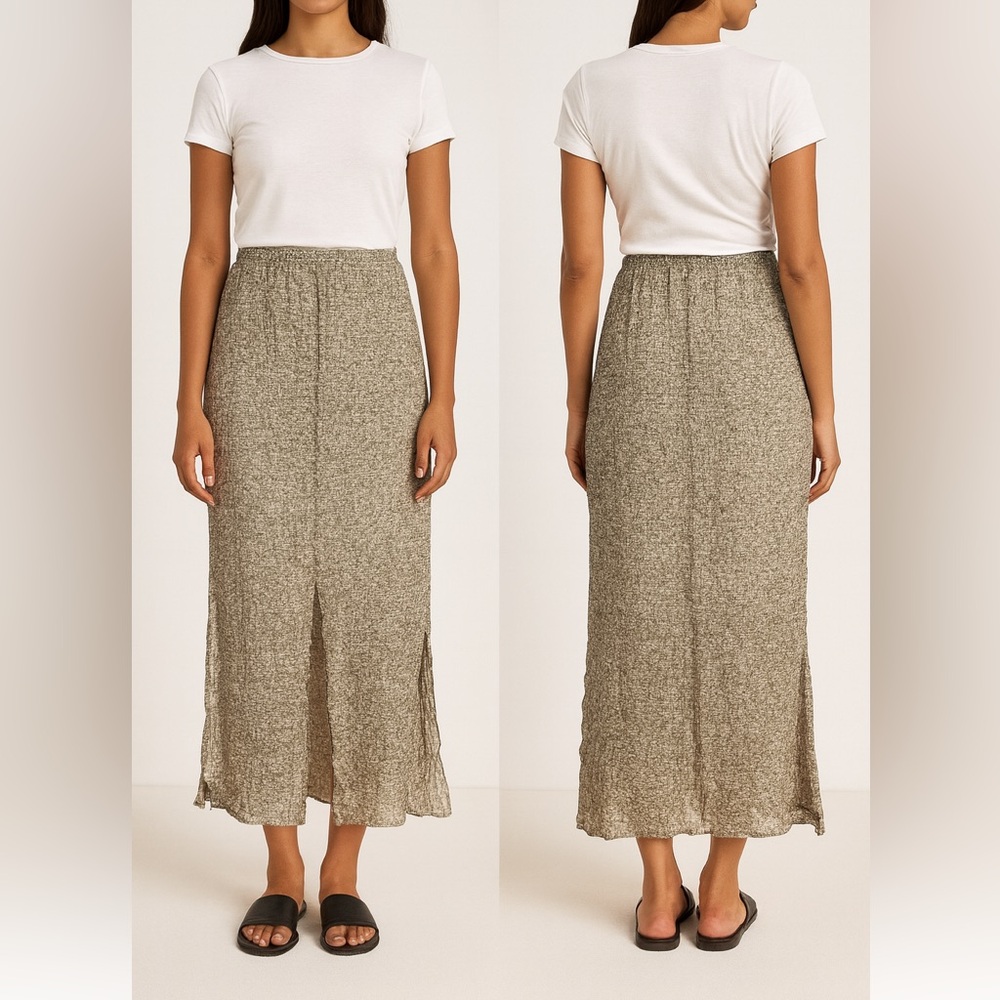 Courtney Washington Green Crinkle Pucker Maxi Skirt Side Slits Sz M EUC